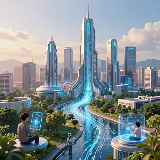 Digital artwork of a futuristic cityscape with glowing skyscrapers, blue neon lights, and two people wearing holographic interfaces sitting on round platforms.