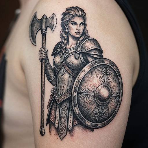 Tattoo of a fierce, armored Viking woman holding an axe and shield on a person's upper arm, detailed in black and gray.
