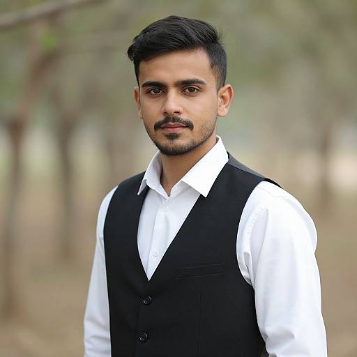 Photograph of a young Indian man with short black hair, dark mustache, wearing a white shirt and black vest, standing outdoors with a blurred forest