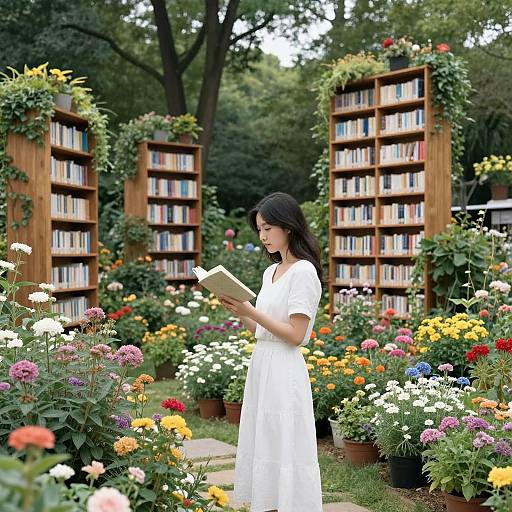 Photograph of an Asian woman in a white dress, reading a book in a vibrant garden filled with colorful flowers, surrounded by wooden bookshelves adorned