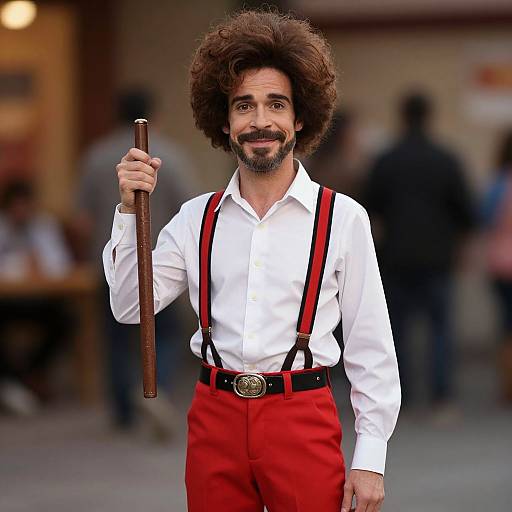 Photograph of a man with large, curly brown hair, white shirt, red suspenders, and pants, holding a wooden cane, smiling, in
