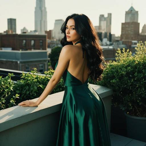 Woman in Deep Green Satin Gown on Rooftop