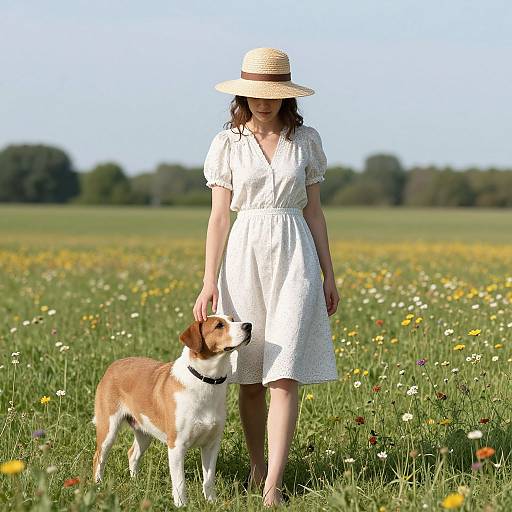 Photograph of a woman in a white dress and straw hat walking a brown and white dog through a sunlit, flower-filled meadow.