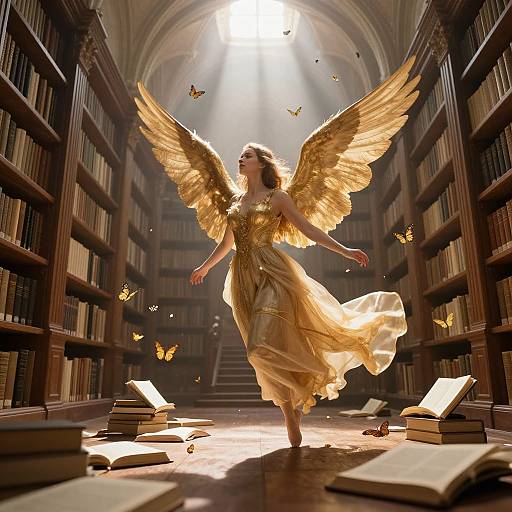 Digital art: Golden-winged angel in flowing gown, ethereal light, surrounded by butterflies, walking between towering bookshelves in sunlit library.