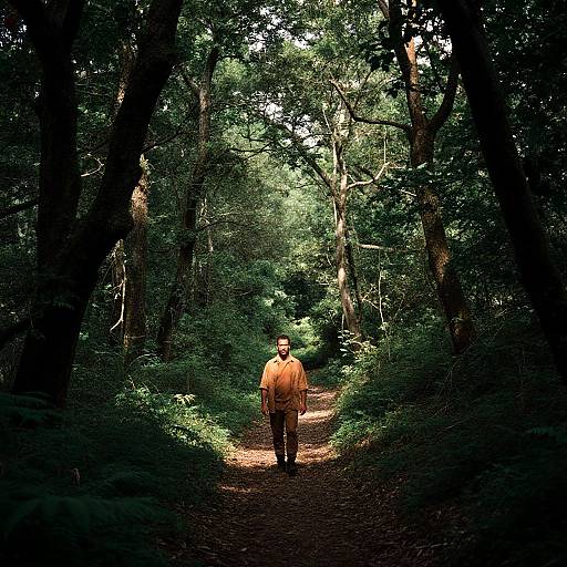 Photograph of a man in an orange shirt walking down a sunlit forest path, surrounded by dense, green trees with dappled light.