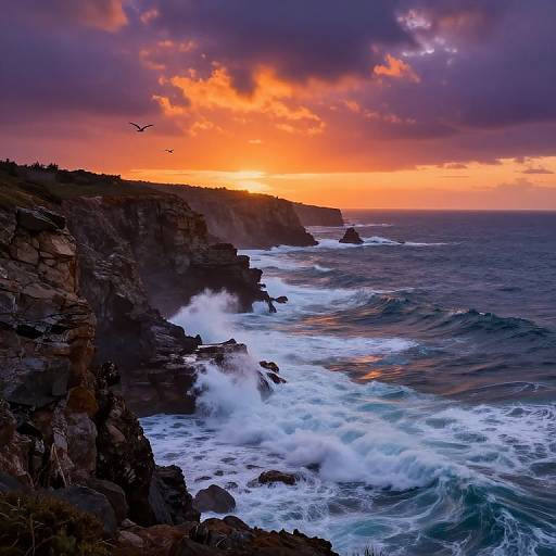Photograph of a dramatic sunset over a rocky coastline, with crashing waves, dark cliffs, vibrant orange and purple clouds, and a bird in flight.