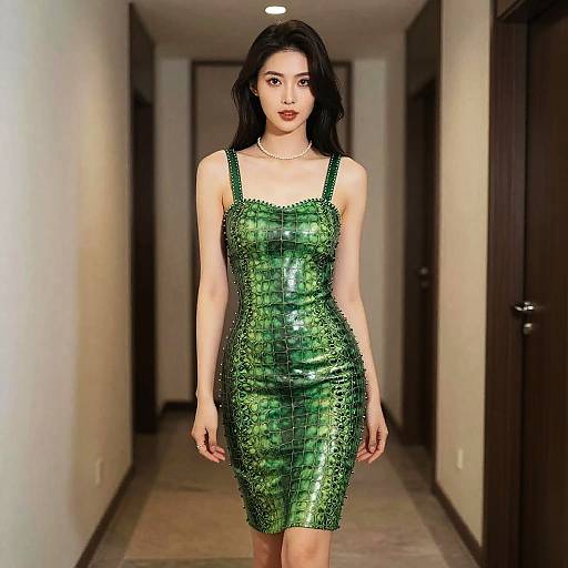 Woman Wearing Green Crocodile-Texture Dress