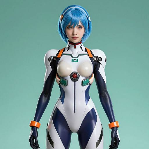 Digital artwork of a blue-haired woman in a tight, white and black futuristic bodysuit with orange accents, standing against a gradient teal background. Anime