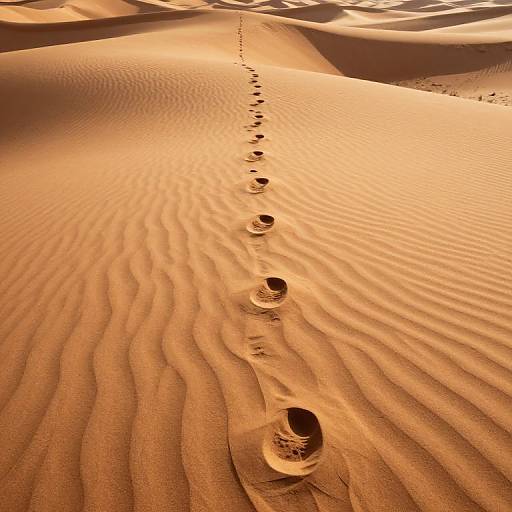 Photograph of a desert landscape with rippled sand dunes, lit by warm golden sunlight. A single, narrow line of footprints trails from the