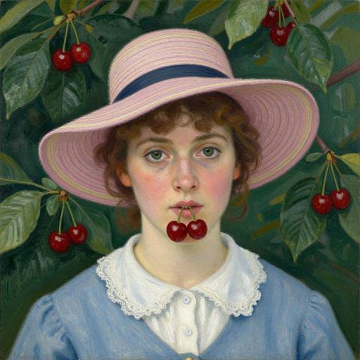 Realistic oil painting of a young woman with curly brown hair, fair skin, wearing a pink striped hat, blue blouse with white lace collar, holding