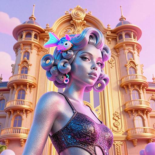 Digital artwork of a glittery, blue-haired woman with star hairpins, wearing a shimmering black crop top, in front of an ornate,