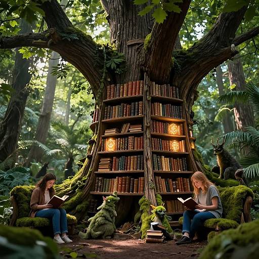 Photograph of two women reading books in a lush forest, seated at a large tree with built-in bookshelves, surrounded by moss, small green