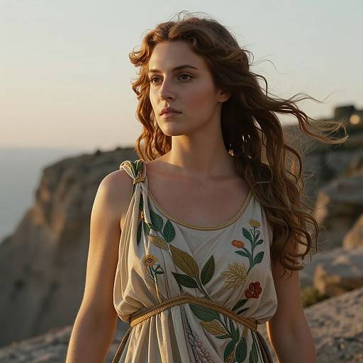 Photograph of a young woman with wavy brown hair, wearing a floral, sleeveless dress, standing on a rocky coastal cliff at sunset.