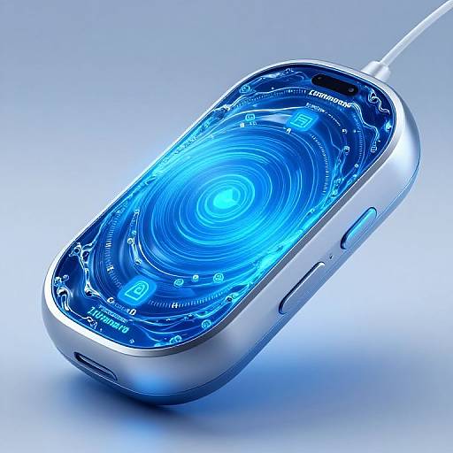 Photorealistic CGI of a futuristic, oval-shaped computer mouse with a glowing blue holographic interface, silver casing, and white cable.