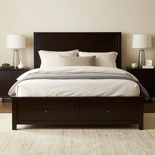 Photograph of a modern bedroom featuring a black wooden bed with white bedding, gray throw, two white lamps, and dark nightstands.