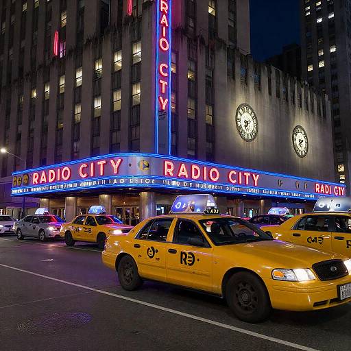 Vibrant Night Cityscape with Classic Taxis