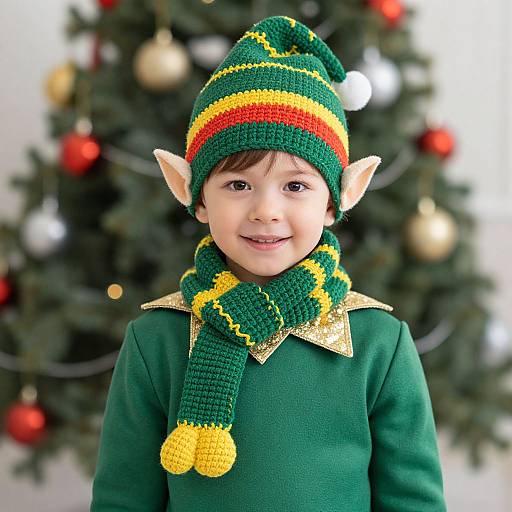 Photograph of a smiling young boy with elf costume: green sweater, striped green-yellow-red hat, matching scarf, golden collar, standing in front of