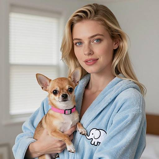 Blonde Woman Holding Chihuahua in Blue Bathrobe
