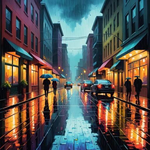 Vibrant Rainy City Street Scene