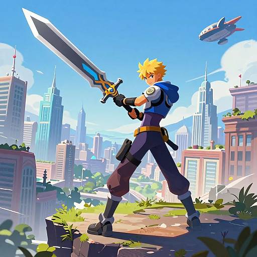 Digital anime-style drawing of a blonde warrior with a large sword, standing on a rooftop, overlooking a vibrant, futuristic cityscape with a flying aircraft in