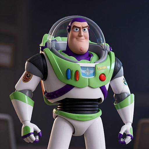 Photorealistic CGI of Buzz Lightyear in his green and white space suit with a transparent helmet, standing confidently against a dark background.