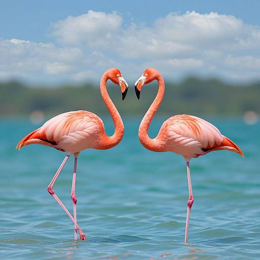 Photograph of two pink flamingos with curved necks, forming a heart shape, standing in clear blue water under a bright blue sky with fluffy clouds