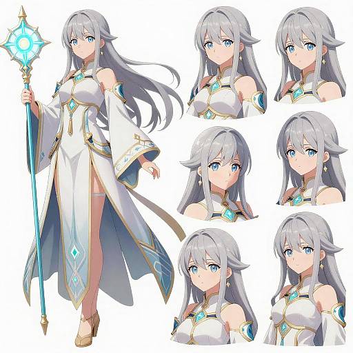 Anime-style digital illustration of a silver-haired, blue-eyed mage girl in a white and gold dress, holding a glowing staff, with six expressive headshots
