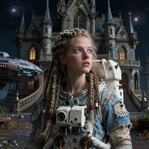 CGI fantasy scene: young blonde girl with braided hair, wearing futuristic armor, gazing at a medieval castle at night, spaceship hovering nearby.