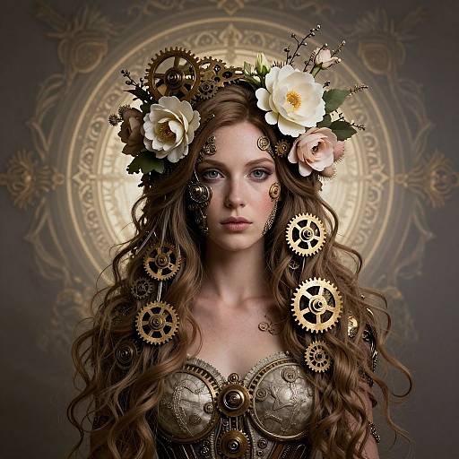 Steampunk portrait of a pale-skinned woman with long, wavy brown hair, wearing a flower crown, gears, and a brass-emb