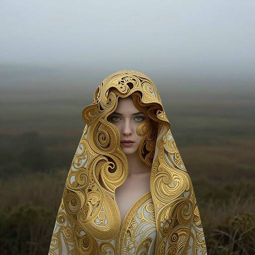 Digital artwork of a pale-skinned woman with green eyes, wearing an ornate, golden, swirling-patterned veil, set against a foggy,