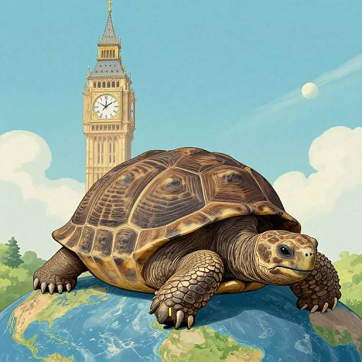 Digital illustration of a large tortoise with detailed brown and yellow shell, resting on Earth, with Big Ben clock tower in bright blue sky background.