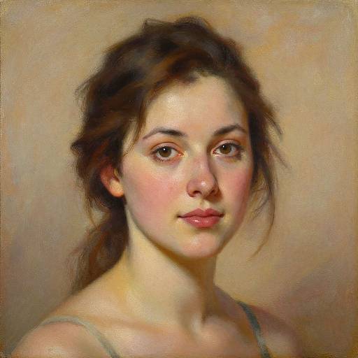 Digital painting of a young woman with fair skin, brown eyes, and dark brown hair in a loose ponytail, wearing a gray top, against a