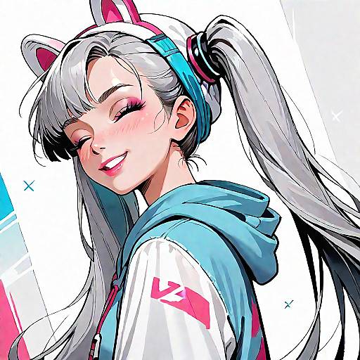 Smiling Grey-Haired Anime Girl with Twintails