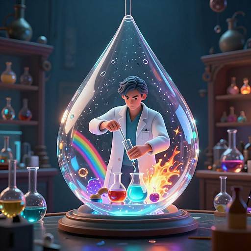 3D CGI of a male scientist in a white lab coat, inside a glowing, teardrop-shaped bubble, mixing potions with a beaker and