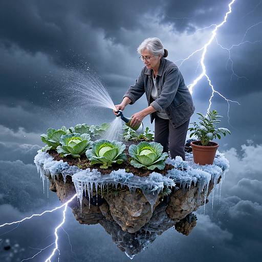 Elderly woman watering floating garden with lightning bolts in stormy sky, surrounded by lush green cabbages, moss, and potted plant.