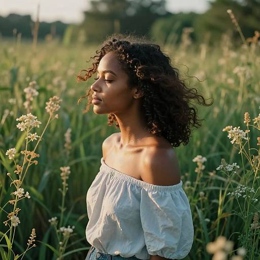 Photograph of a beautiful Black woman with curly hair, wearing an off-shoulder white blouse, standing in a sunlit wildflower field. Soft