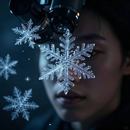 Photograph of a person with a focused expression, illuminated by glowing, intricate blue-white snowflakes, partially obscuring their face, using a microscope