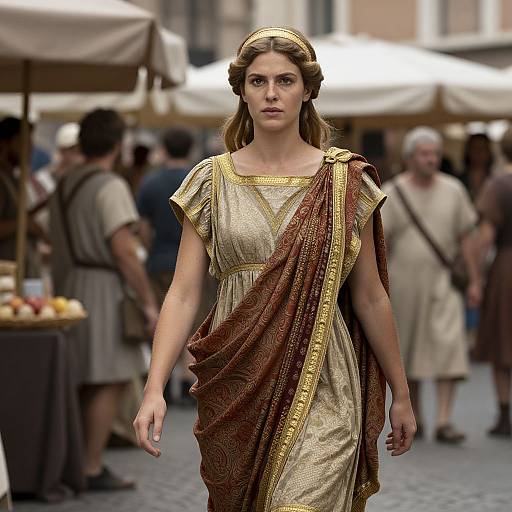 Photorealistic CGI of a young woman with brown hair in an ancient Roman-style gold and brown dress, walking through a bustling outdoor market.