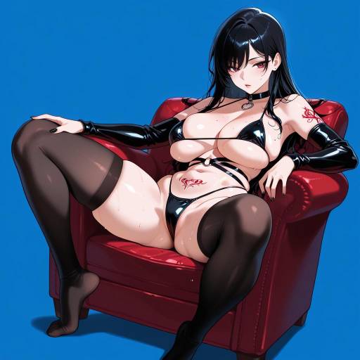 Anime Style Woman in Black Bikini on Red Armchair