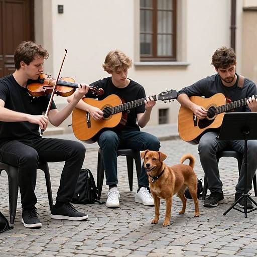 Three young men playing acoustic guitars seated on black stools, with a brown dog standing between them on a cobblestone street.