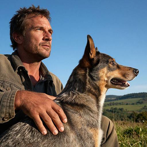 Photograph of a rugged, bearded man with short brown hair, wearing a green jacket, holding a alert, brown and black dog, against a