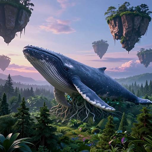 Fantastical CGI scene: giant blue whale with detailed skin texture and roots, soaring through lush forest with floating islands and pink sunset.