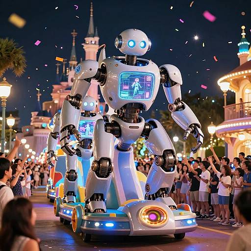 Photograph of a nighttime parade featuring a large, illuminated, white robot with glowing blue and neon lights, surrounded by cheering crowd and colorful confetti.