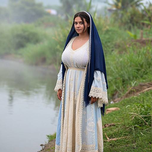 Photograph of a South Asian woman in white embroidered dress and dark blue veil standing by a misty riverbank with lush greenery.