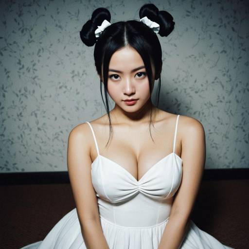 Young Asian woman with double bun hairstyle in white dress