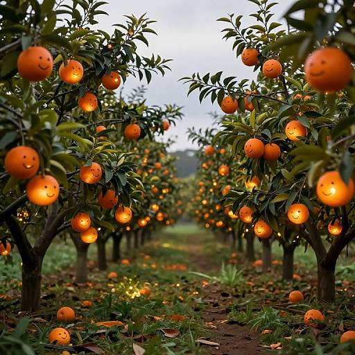 Photograph of an orange grove at dusk, with glowing orange lanterns hanging from trees, illuminating ripe oranges and green leaves.