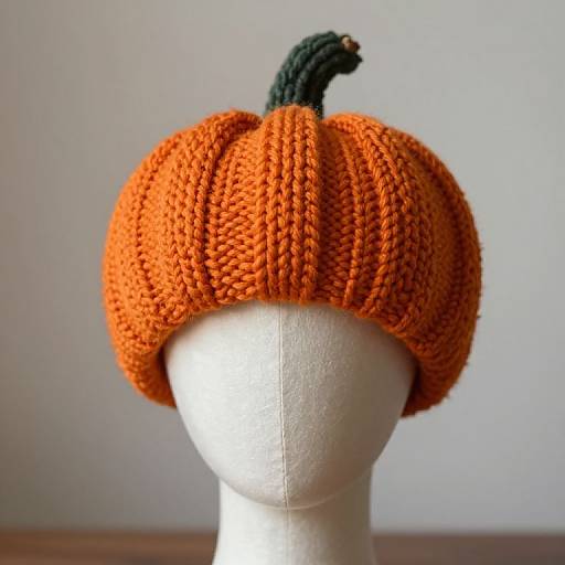 Photograph of a knitted orange pumpkin hat with a black stem, snugly fitting a white mannequin head against a plain, light gray background