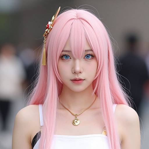 Photograph of an Asian woman with long pink hair, blue eyes, wearing a white tank top, gold necklace, and ornate hair accessory, standing