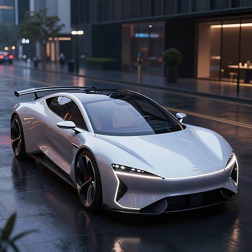 Photograph of a sleek, white, modern sports car with glowing headlights parked on a wet, reflective urban street at night.