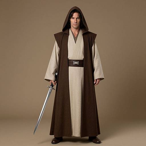 Photograph of a man in a brown hooded robe over a beige Jedi-style tunic, holding a silver lightsaber, standing against a plain beige